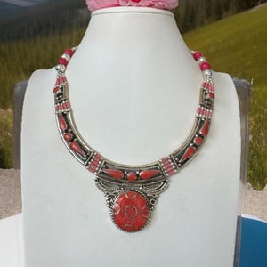 Stunning Ethnic Indo/Tibet Tribal Style Handcrafted And Handmade Pendant Necklace With Inlay Coral Set In Tibetan Silver 18”inch & 112grams.