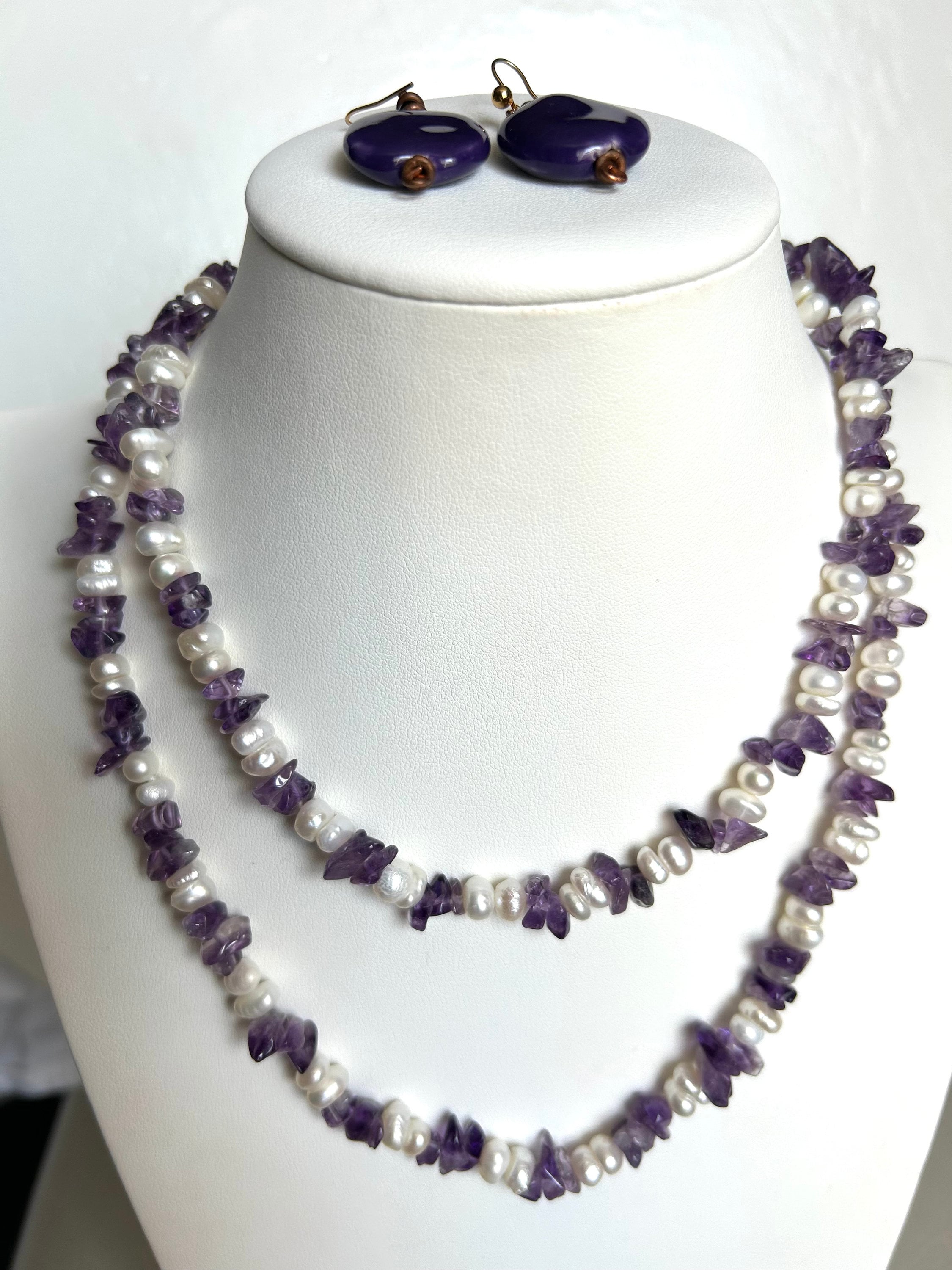 Collier En Perles D'Eau Douce Et Améthyste - Longueur 17 Pouces - Occasion - Fait Main