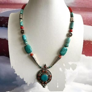 Vintage Ethnic Tibetan Handcrafted Pendant Necklace With Tibetan Coral,Turquoise And Sterling Silver 41Grams And 20”inch Long