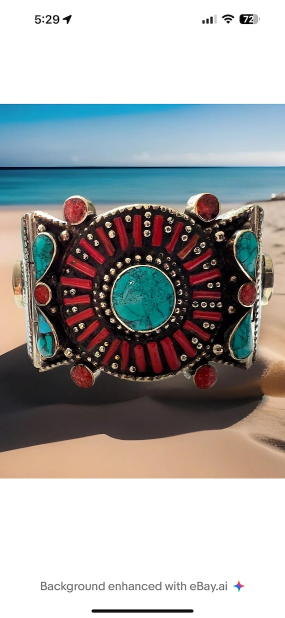 Stunning Vintage Native American Navajo Turquoise Coral Inlaid Sterling Silver Bracelet Stunning Vintage Native American Navajo Turquoise Coral Inlaid Sterling Silver Bracelet