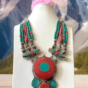 Vintage and multistrand ethnic Tribal theme set in Tibetan silver inlay with turquoise and coral stone handcrafted necklace 24”in and 196grm