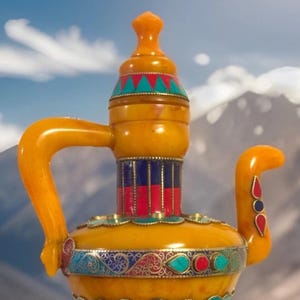 Stunning Vintage Style Handmade Tibetan Copal Resin Holy Water Offering & Tea Pot Inlaid With Multi Color Stones 9”inch Tall By 7”inch Wide.