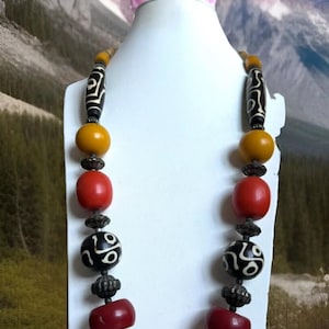 Vintage and beautiful long indo/tibet tribal theme handmade necklace with resin beads, bone & Tibetan silver spacer 29”inch long