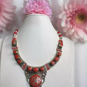 Stunning Ethnic Indo/Tibet Tribal Style Handcrafted And Handmade Pendant Necklace With Inlay Coral Set In Tibetan Silver 18”inch & 124Grams.