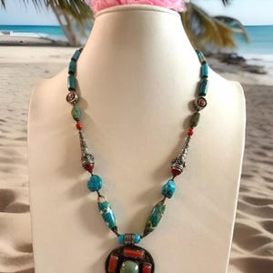 Vintage Ethnic Tibetan Handcrafted Pendant Necklace With Tibetan Coral,Turquoise And Sterling Silver 36grams And 20”inch Long
