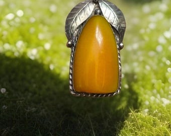 Vintage and unique handcrafted Tibetan Amber bakelite pendant in fruit mango shape set in Tibetan silver 2”inch and 6.47grams