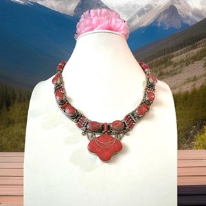 Stunning Ethnic Indo/Tibet Tribal Theme Handcrafted And Handmade Pendant Necklace With Inlay Coral Set In Tibetan Silver 18”inch & 127grams