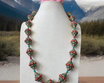 Chunky & Heavy Indo/Tibet Ethnic Style Handmade Tibetan Silver And Bronze Beads With Inlay Coral,Turquoise Necklace 23”in Long And 154 Grams
