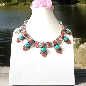 Vintage & stunning indo/tibet ethnic tribal theme handcrafted necklace inlay with turquoise,coral set in Tibetan silver 18”inch and 126grams