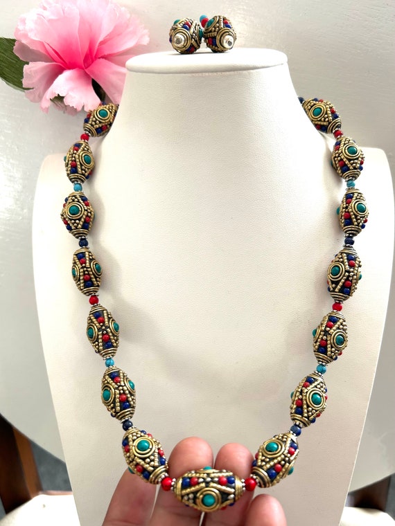 Vintage style Indo/Tibet necklace inlaid with Cor… - image 5