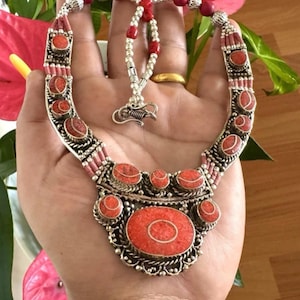 Stunning Ethnic Indo/Tibet Tribal Theme Handcrafted And Handmade Pendant Necklace With Inlay Coral Set In Tibetan Silver 19”inch & 126grams