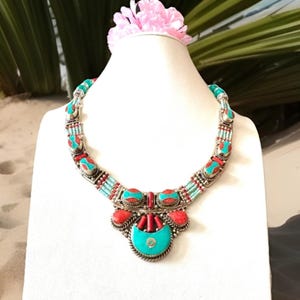 Exquisite & Unique Handcrafted Ethnic Indo/Tibet Tribal Style Statement Necklace With Inlay Coral Stones Set In Tibetan Silver 18”in,134gram