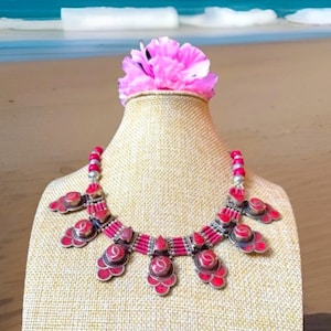 Stunning Ethnic Indo/Tibet Tribal Theme Handcrafted And Handmade Necklace With Inlay Coral Set In Tibetan Silver 18”inch & 122grams