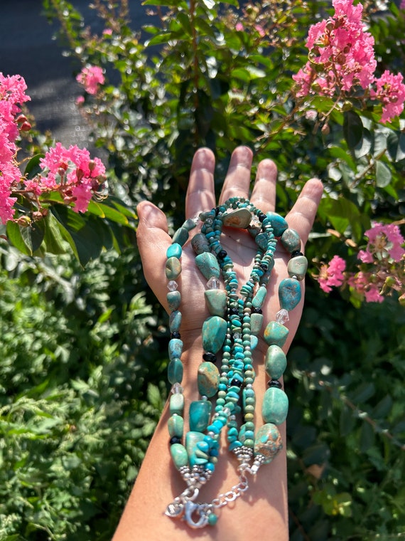 Collier Ethnique Vintage 4 Rangs De Perles Turquoise - Argenté, Occasion Excellent état