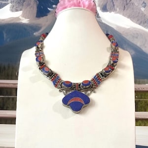 Vintage & Stunning Indo/Tibet tribal theme Handcrafted Pendant Necklace With Inlay Stones Set In Tibetan Silver 19”inch And 127grams