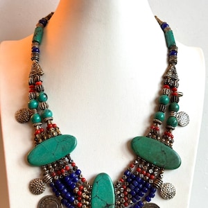 Stunning and vintage indo/tibet ethnic tribal style boho theme multicolor handcrafted necklace with Tibetan silver & Turquoise stones 20”in