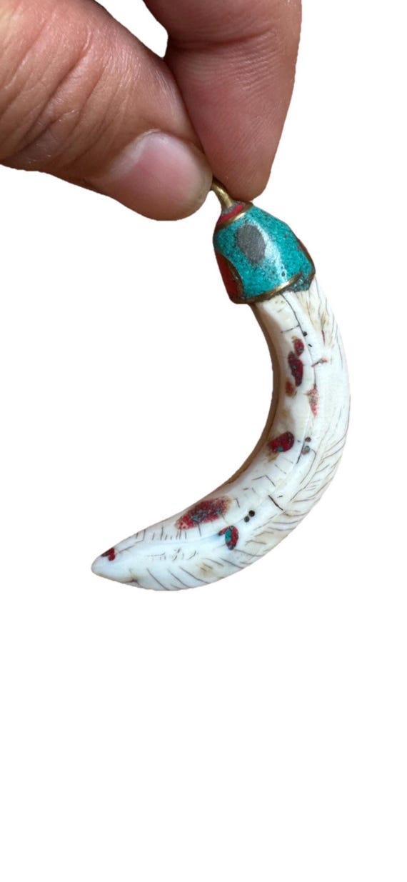 Vintage and Unique Yak Bone Tibetan Amulet Handmade Tusk and Horn 