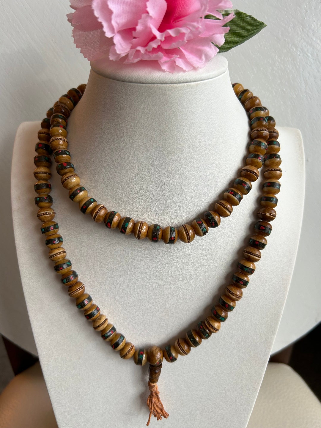 108 medicine Tibetan Buddhist white yak bone turquoise coral inlaid  Prayer Yoga Meditation Om Mala Bead Necklace main image 0