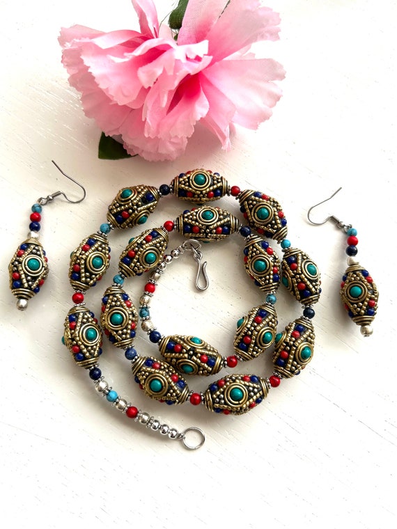 Vintage style Indo/Tibet necklace inlaid with Cor… - image 2