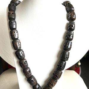 Vintage and old Large Tibetan Yak bone handcarved skull mala necklace for prayer,meditation & Tantric practice 33”inch long 29 skull beads.
