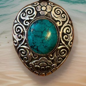 Vintage Style Heart Shape Carved Auspicious Floral Symbol Traditional Tibetan Turquoise Pendant Set In Tibetan Repousse Silver 3.2”in & 32g