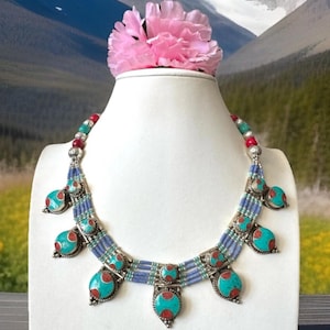 Vintage & stunning indo/tibet ethnic tribal theme handcrafted necklace inlay with turquoise,coral set in Tibetan silver 18”inch and 139grams