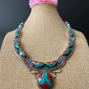 Exquisite & Vintage Handcrafted Ethnic Tribal Nature Theme Bug Design Necklace Inlay Coral,Turquoise Stone Set In Tibetan Silver 18”in,131gm
