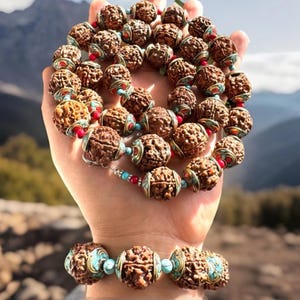 Vintage Rudraksha Beads Mala Necklace Capped With Bronze Inlay With Turquoise & Coral Stone For Yoga And Meditation 35”inch Long,181 grams