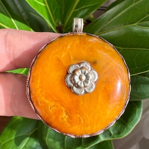 Stunning traditional ethnic Tibetan silver & Copal Amber resin Pendant with auspicious floral hand carving all over 2.3”inch tall and 38gram