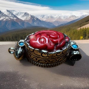 Vintage & Hand Carved Traditional Tibetan Silver Pendant With Auspicious Floral Symbol And Carve Coral Baby Dolphin Shape 2”inch And 15Grams