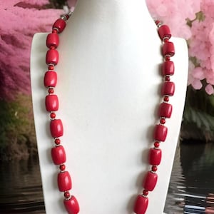 Gorgeous Indo/Tibet tribal style barrel shape Sherpa Coral set in Tibetan Silver spacer handmade necklace 25”inch and 133 grams