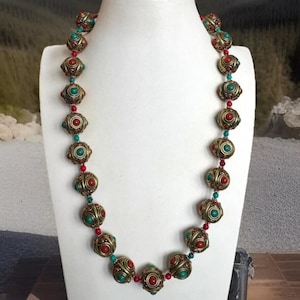 Chunky & Heavy Indo/Tibet Ethnic Style Handmade Necklace With Tibetan Silver And Bronze Beads Inlay Coral,Turquoise  23”inch And 179Grams