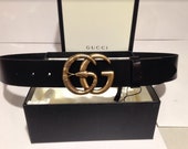 New Black Leather Belt with Gold Snake Buckle