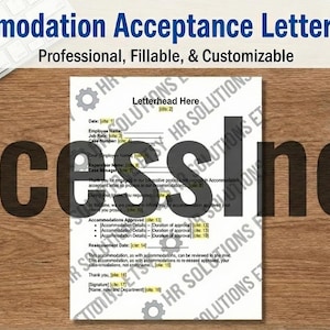 Puede incluir: Plantilla de carta de aceptación de alojamiento, con el texto "Profesional, Rellenable y Personalizable". La imagen incluye un teclado, una taza de café, un ratón y notas adhesivas sobre una superficie de madera. La palabra "AccessInclu" está superpuesta.