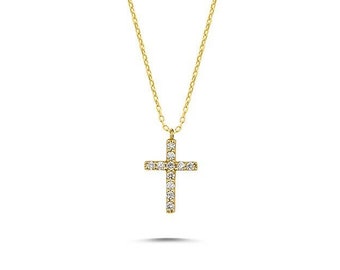 Diamond Cross Necklace / 14K Solid Gold Cross Diamond Necklace / Diamond Cross Necklace / Religious Necklace / Gift for Her / Dual Jewellery