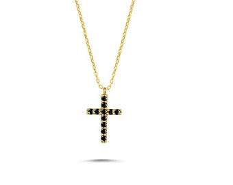 14k Solid Gold Cross Necklace / Black Zirconia Cross Necklace / Religious Minimalist Gold Cross Necklace Women / Dainty Christian Cross