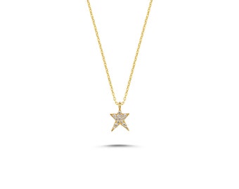 Gold Star Necklace / 14k Solid Gold Doodle Star Necklace / Minimal Star Pendant Necklace / Layering Necklace / Gift For Her / Dual Jewellery