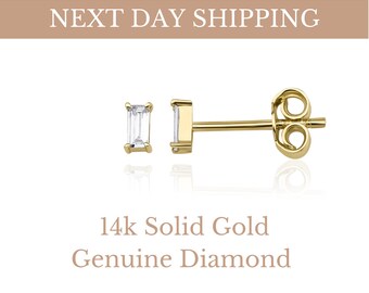 14K Solid Gold Baguette Diamond Studs / Baguette Solitaire Earrings / 14K Solid Gold Pair Baguette Diamond Studs / Baguette / Dual Jewellery