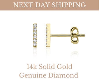 Diamond Bar Studs / Pave Bar Diamonds Studs / 14K Solid Gold Bar Studs Earrings / Dainty Minimal Gold Earrings / Dual Jewellery