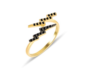 Lightning Ring / 14K Solid Gold Pave Lightning Ring / Symbol Ring / Black Diamond Symbol Ring / Rose Gold Diamond Ring / Dual Jewellery