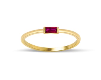 Ruby Dainty Baguette Ring / Red Gemstone Gold Ring / 14K Solid Gold Ruby Ring / Red Stone Thin Ring / Stackable Ring by Dual Jewellery