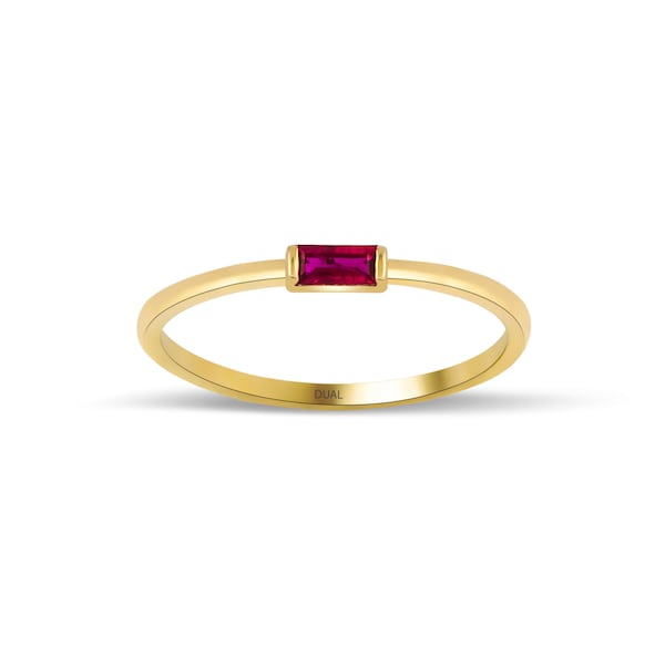 Ruby Dainty Baguette Ring / Red Gemstone Gold Ring / 14K Solid Gold Ruby Ring / Red Stone Thin Ring / Stackable Ring by Dual Jewellery