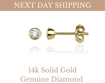 14K Solid Gold Diamond Stud Earrings / 0.20ctw Bezel Setting Diamond Studs / Genuine Diamond Stud Earrings / Gift For Her / Dual Jewellery