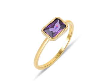 14K Solid Gold Gemstone Ring / Purple Gemstone Ring / Real Gold Ring / Stacking Simple Ring / Purple Birthstone Ring / Dual Jewellery