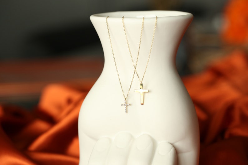 Diamond Cross Necklace / 14K Solid Gold Cross Diamond Necklace / Religious Necklace / Dainty White Diamond Cross Necklace / Dual Jewellery image 6