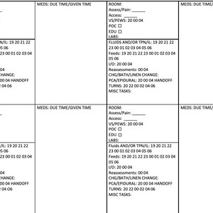 May include: A medical chart with a checklist for patient care. The chart includes sections for room, assessments, vital signs, medications, fluids, feeds, and other tasks. The chart is divided into columns for due time and given time.
