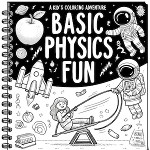 Könnte beinhalten: Ein Schwarzweiß-Malbuch mit dem Titel "Basic Physics Fun: A Kid's Coloring Adventure". Der Umschlag zeigt Illustrationen von einem Apfel, einer Rakete, einer Wippe und zwei Astronauten.