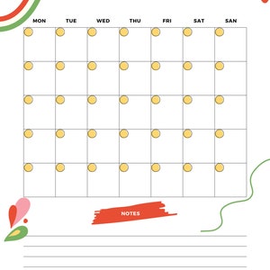 Może przedstawiać: Biały miesięczny planer z kolorowym wzorem. Planer ma siatkę z dniami tygodnia oznaczonymi: Pon, Wt, Śr, Czw, Pt, Sob, Ndz. Na dole strony znajduje się sekcja na notatki.