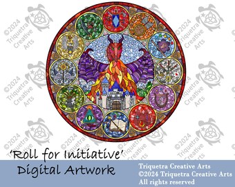 May include: A stained glass style illustration of a dragon with wings spread wide, a castle in the center, and a circle of 12 symbols around the outside. The text "Roll for Initiative" is at the bottom of the image.