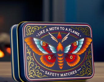Like a Moth - Match Tin | Metal Box Storage Matches Firelighters Starter Housewarming Fireside Gift Christmas Stocking Filler Present
